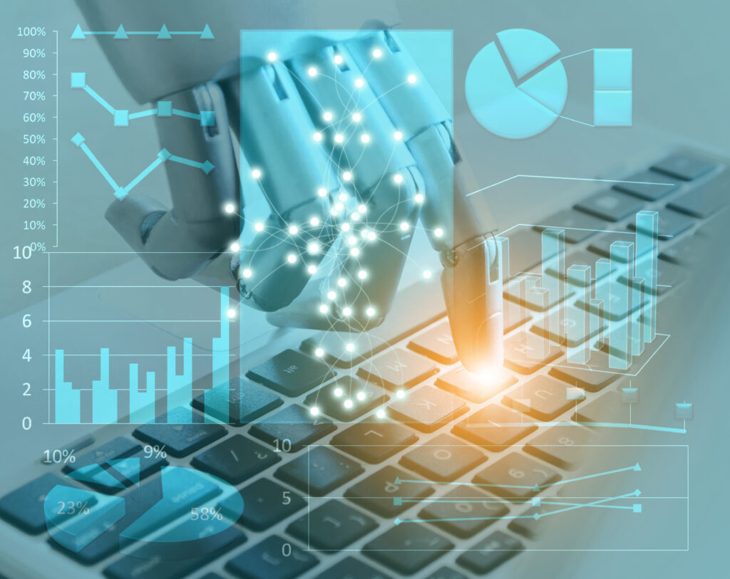 Illustration of robot hand typing on keyboard