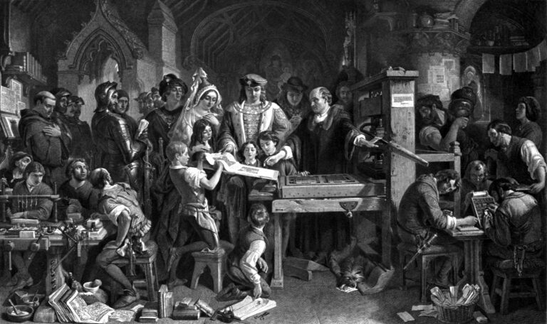People standing around a printing press