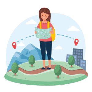 Illustration of woman looking at a map outdoors