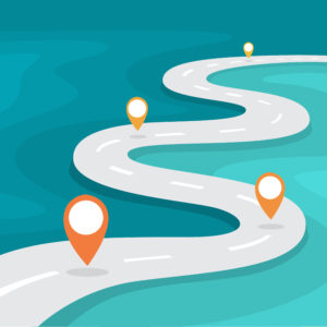 Highway road with GPS sign on it. Idea of navigation and direction. Route marker on the street. Vector illustration in cartoon style
